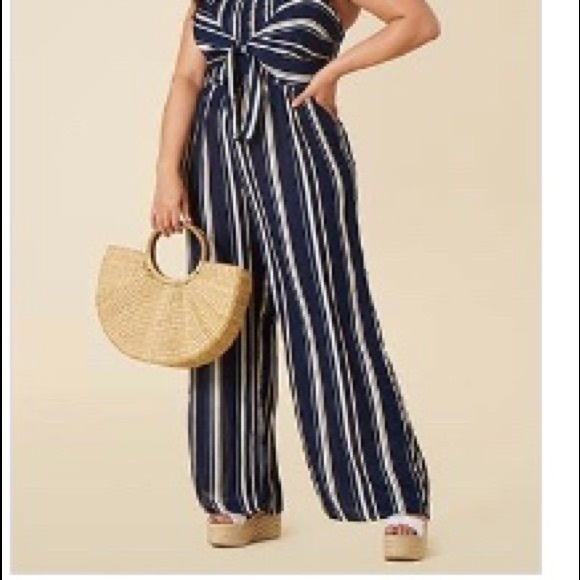 Plus Navy Tie Front Jumpsuit - Picture 2 of 4